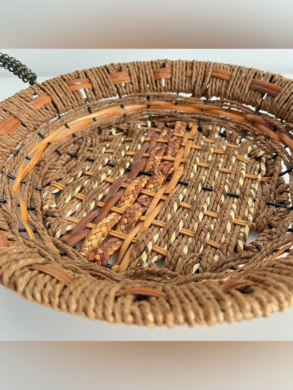 Vintage Handwoven Round Basket Wire Handles Mixed Material 11